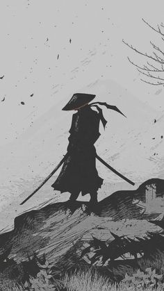 a black and white drawing of a person with an umbrella walking up a hill in the snow