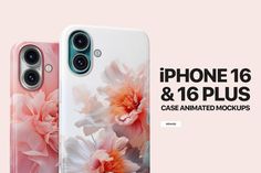 an iphone case with flowers on it and the text, phone 16 & 16 plus case animated mockups