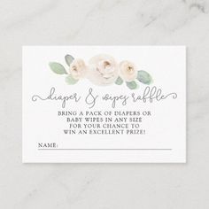 White Rose Botanical Diaper Raffle Baby Shower Editable Template Wipe Raffle, Wipes Raffle, Invitation Inserts, Modern Baby Shower Games, Typography Calligraphy, Baby Shower Diaper Raffle, Baby Shower Diapers