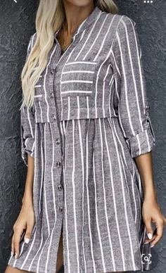 Grey Striped Shirt, Mode Kimono, Fancy Frocks, Fancy Gowns, Dress Design Patterns, Halloween Costume Outfits, Striped Shirt Dress, Long Sleeve Casual Dress, Vestidos Vintage