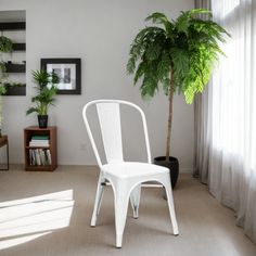 a white chair sitting in front of a window next to a potted palm tree