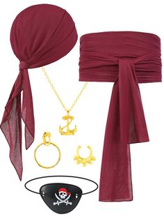 a pirate costume with accessories including a bandana, eyeglasses and necklaces