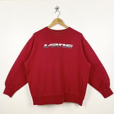 90s Vans Crewneck Sweatshirt Print Logo Red Color Men's L - Made in China Materials : Cotton  - Tag Reads : L Kindly see the actual measurements (All measurements were taken lying flat) - Actual size manual measurements * Width (Armpit to armpit) : 24.5 inches * Length (Shoulder to end of garment) : 26 inches * Sleeve length : 21 inches - Condition : * Vintage condition 8/10 (80%) * Minor cracking print refer picture * Free from stain, tear and major defect - Shipping : * DHL Express/FedEx Expre Red Oversized 90s Tops, Oversized 90s Red Top, 90s Style Red Sweatshirt With Letter Print, 90s Red Letter Print Sweatshirt, 90s Style Red Letter Print Sweatshirt, 90s Vans, Vans Vintage, Sweatshirt Print, Vintage Sweatshirt