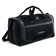 a black duffel bag with grey trim and zippers on the front, side view