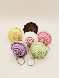 multicolored crochet keychains with metal rings