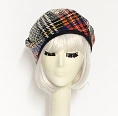 "Frenchie Beret hat is made with vintage tartan plaid fabric lined in rayon print, with a 1\" wool band, 4\" black wool bow with a rhinestone button and has a 1\" soft elastic band inside. One size fits most will fit up to 23\" All of Bella Starr hats are made and designed from my original drafted patterns.Please contact Bella Starr immediately if your not satisfied with your purchase. If you're not satisfied with your in stock purchase or your item is damaged you must notify me within 3 DAYS of Adjustable Wool Beret For Fall, Adjustable Retro Winter Beret, Classic Plaid Hat For Fall, Classic Plaid Fall Hat, Retro Fall Hats One Size, Retro Fall Hat One Size, Retro One Size Hats For Fall, Plaid Wool Hats For Fall, Plaid Wool Hats For Winter