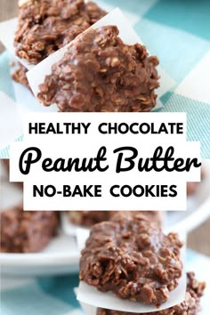 healthy chocolate peanut butter no - bake cookies are stacked on top of each other