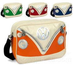 four different colored bags with the vw bus logo on one side and an orange, white