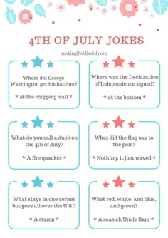 the 4th of july jokes for kids with flowers and stars on it, which are also in