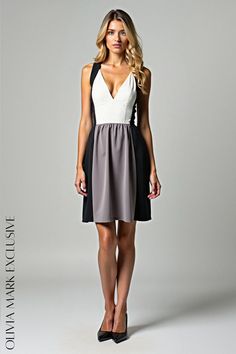 Olivia Mark - Elegant Colorblock Cocktail Dress - Sophisticated V-neckline and Flattering Fit Sophisticated Dress, Fitted Bodice, Flare Skirt, Elegant Dresses, Bodice, Color Blocking, Cocktail Dress, V Neck, White