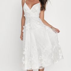 White Embroidered 3d Applique Midi Dress. Size Xs Never Worn, New With Tags (Nwt) Floral Embroidery Design 3d Floral Appliques Overlays Adjustable Spaghetti Straps Surplice Bodice With A Fitted Waist Skirt Has An A-Line Silhouette And Falls To A Midi Hem Hidden Zipper/Clasp At Back Https://Www.Lulus.Com/Products/Magical-Occasion-White-Embroidered-3d-Applique-Midi-Dress/2111816.Html Great Dress For A Bridal Shower, Rehearsal Dinner, Or Special Occasion. White Floral Applique Lace Wedding Dress, White Lace Wedding Dress With Floral Applique, White Lace Dress With Floral Applique For Party, White Midi Lace Dress With Floral Embroidery, White Lace Midi Dress With Floral Embroidery, White Lace Dress With Floral Embroidery For Brunch, White Floral Embroidered Lace Dress With V-neck, White Midi Dress With Floral Embroidery, White Floral Embroidered Midi Dress For Wedding