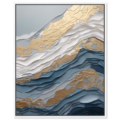 an abstract painting with gold, silver and blue waves on the bottom half of it