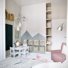 a child's room with a desk, chair and bookcase in the corner