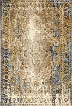 an antique rug with blue and gold colors