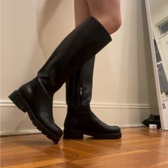 Flat Black Knee High Boots, So Perfect For Fall With Some Jeans, Skirt Or Dress! Have Been Worn 2x, Have Slight Scuff Marks On The Sides As Shown In Pictures. Originally $250 Flat Black Knee High Boots, Black Flat Knee High Boots, Black Knee High Boots, Jeans Skirt, Nine West Shoes, Winter Rain, Shoes Black, High Boots, Knee High Boots