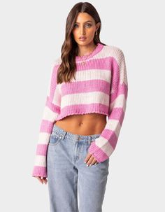 This Cropped Sweater Is The Perfect Choice For Staying Warm While Looking Super Cute. It's Perfect To Wear With A Pair Of Jeans To Dress It Down Or Dress It Up With A Mini Skirt When You're Going Out On The Town. Knitted Sweater . Cropped Fit. 100% Acrilan. Model Wears Size Xs/s. Model Height Is 5'9. Item Care: Hand Wash. | Edikted Ozzy Cropped Striped Knitted Sweater Pink Crop Sweatshirt Outfit, Cropped Knitted Sweater, Striped Knitted Sweater, Winter Mood, Mode Zara, Prom 2024, College Fits, Sweater Cropped, Cropped Pullover