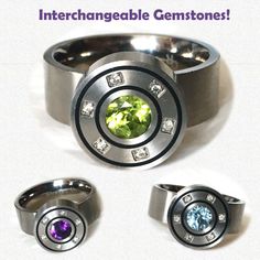 Interchangeable Gems Titanium Ring: Peridot, Sky Blue Topaz & Amethyst Are Included & Can Be Worn As The Central Gem, Or Use Any Other 6mm Round Stone. This Wide-Band Unisex Ring Would Work For Men Or Women (Or Nb) & Is Made From Titanium. Limited Edition Design With Ethically Sourced Natural Gemstones.This Would Be A Fabulous Christmas, Chankukah (Hanukkah, Hanukah), Birthday, Graduation, Mother's Or Father's Day Gift, Or Treat Yourself! Bundle 2+ Items For Best Deal. I'm A Certified Gemologist Modern Jewelry With Interchangeable Round Pieces, Modern Interchangeable Round Jewelry, Modern Jewelry With Gemstone Accents For Anniversary, Modern Multi-stone Silver Gemstones, Modern Gemstone Accents Jewelry For Anniversary, Modern Stainless Steel Gemstone Jewelry, Modern Amethyst Jewelry With Accent Stones, Modern Purple Jewelry With Accent Stones, Fabulous Christmas