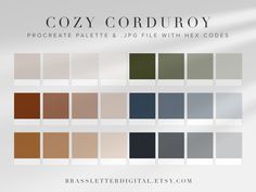 the color scheme for cozy corduroy is shown in shades of brown, grey and white