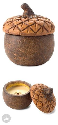 an old wooden bowl with a candle in it and another item next to the bowl