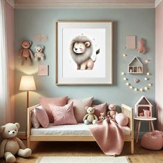 a baby's room decorated in pink and blue with stuffed animals on the wall