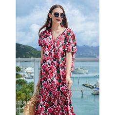 Beach Vacation Hand-Painted Red Floral Plus Dress  Material: Chiffon (100% polyester, woven, micro-elastic, waistband belt, opaque)  Size: S, M, L, XL, 2XL, 3XL, 4XL Color: Red  Season: Spring, Autumn, Summer   Occasion: Leisure, Outdoor, Daily, Vacation, Beach Vacation Red Floral Print Maxi Dress For Beach Season, Red Floral Print Maxi Dress For Beachwear, Red Summer Vacation Dress, Red Short Sleeve Dresses For Beach Season, Spring Red Rayon Maxi Dress, Red Maxi Dress For Spring Beach Occasion, Red Rayon Maxi Dress For Spring, Red Rayon Beach Dress, Red Rayon Summer Dress