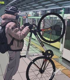 a man with a backpack and bicycle in a subway station, looking at the ground