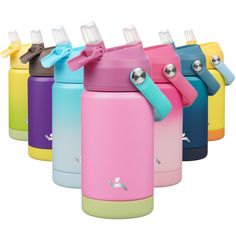 thermos bottles are lined up in different colors and designs, one with a bow on it