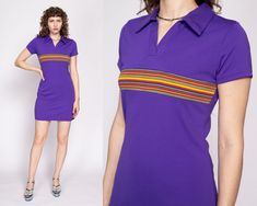 "Vintage 90s sporty purple polo mini dress by Express with a colorful striped panel on the chest.  Measurements and Condition: Fits like: Labeled small Fabric: Polyester with poly/cotton trim Brand: Express Tricot Condition: Excellent Length: 34\" Chest: 35\" to 38\" Waist: 30\" to 33\" Hips: 38\" to 42\" Shoulders (seam to seam): 14\" Sleeve: 6\" Shown on a 5'8\" model with measurements of 34\"-26\"-37\", usually wears a size small. See our FAQ for more info on sizing and condition ratings." Fitted Collared Polo Dress In Preppy Style, Fitted Collared Preppy Polo Dress, Fitted Purple Collared Dress, Purple Fitted Collared Dress, Retro Purple Short Sleeve Shirt, 90s Style Purple Short Sleeve T-shirt, Retro Striped Mini Dress, Y2k Dresses, Vintage Preppy