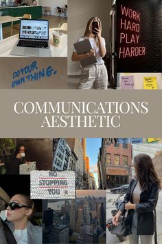 there are many different pictures with the words communications aesthetic on them, including woman in white