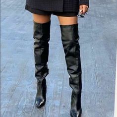 High-Heel Black Leather Boots. Soft Leather Upper. Over-The-Knee Leg. Lined Geometric Heel. Almond Toe. Heel Height: 10 Cm / 3.4 Inches Shaft Width: 22.5 Cm / 8.9 Inches Sleek Knee-high Boots For Night Out In Fall, Sleek Knee-high Boots For Fall Night Out, Edgy Knee-high Heeled Boots For Work, Chic Heeled Boots For Office In Fall, Chic Fall Heeled Boots For Office, Chic Fall Office Heeled Boots, Pointed Toe Faux Leather Knee-high Boots For Office, Faux Leather Pointed Toe Knee-high Boots For Office, Edgy Leather High Heel Knee-high Boots