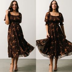 two pictures of a woman wearing a brown dress