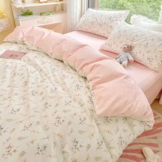 46326439444703|46326439543007|46326439641311|46326439674079 Pink Floral Bedding, Nordic Bed, Green Bedding Set, Color Bedding, Flower Cartoon, Floral Bedding Sets, Girls Bedding Sets, Patterned Bedding, Floral Duvet Cover