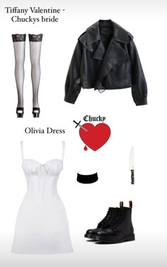 a white dress and black leather jacket are arranged in the shape of a heart, with two