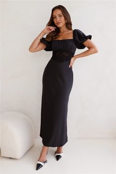 Length from shoulder to hem of size S: 130cm. Chest 36cm, Waist 30cm, across front only of size S. Maxi dress. Lined, unlined sleeves, sheer lace bodice panel. Model is a standard XS and is wearing XS. True to size. Slight-stretch. Satin. Elastic neckline/sleeves. Puff sleeves. Flowy skirt. Zipper with hook eye closure. Cold hand wash only. Polyester/Spandex. Channel your inner fashionista with the Connected By Love Satin Maxi Dress. Featuring puff sleeves with elastic and a gorgeous flowy skirt Coral Mini Dress, Skirt Zipper, Bridal Shower Dress, Maxi Dress Black, Shower Dresses, Jumpsuits And Romper, Satin Maxi, Satin Maxi Dress, Halter Maxi Dresses