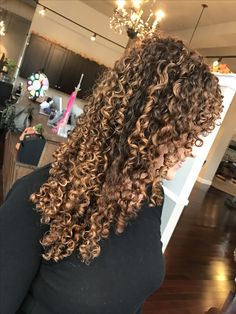 Corkscrew Curly Hair with Balayage Highlights Ombre Highlights, Dyed Natural Hair, Honey Blonde Hair, Black Curly Hair