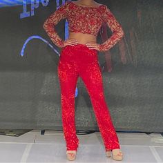 Excellent Condition 2 Piece Sherri Hill Couture. Top Is Cropped And Beaded And Deep Scoop Back. Pants Are Liquid Beaded And High Waisted, Zip Back. Unique And Stunning. Approx Size 2- Measurements In Photos Fitted Sequined Bottoms For Cocktail, Evening Fitted Red Pants, Red Fitted Pants For Evening, Glamorous Fitted Embellished Pants, Glamorous Embellished Fitted Pants, Glamorous Fitted Pants For Gala, Embellished Fitted Bottoms For Cocktail, Fitted Sequin Bottoms For Gala, Fitted Bottoms For Festive Evening Events