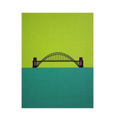 a painting of a bridge over water with green and blue colors on the walls behind it