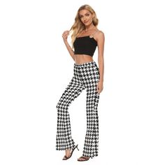 Flare Pants, Houndstooth Pants, Black Houndstooth Pants, Women's Pants,  60s style pants, Retro Flare Pants, 60s pants, Bell Bottom Pants Custom made and hand sewn to order.  **Size up since these runs small. A classic houndstooth flare pants I designed. Wide waist band. Hip Flare bottom pants style. Fun for everyday wear. Perfect with platform heels, ankle boots, anything goes. Super retro! :)  ● Fabric:Micro Fiber(95% Polyester and 5% Spandex) ● Slim fit ● Elastic waistband,flare out at the he 60s Pants, Style Année 60, Houndstooth Pants, 60s Style, Black Houndstooth, Bell Bottom Pants, Style Pants, 60s Fashion, Bell Bottom