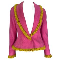 Check out this item from 1stdibs! F/W 1998 Christian Dior by John Galliano Pink Wool Blazer Yellow Fringe : https://www.1stdibs.com/id-v_19093712 Designer Pink Winter Blazer, Designer Formal Pink Outerwear, Designer Pink Formal Outerwear, Designer Long Sleeve Pink Blazer, Luxury Pink Party Blazer, Luxury Pink Winter Blazer, Dior 1998, Dior Blazer, Christian Dior John Galliano