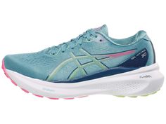 the asics running shoe is light blue and pink