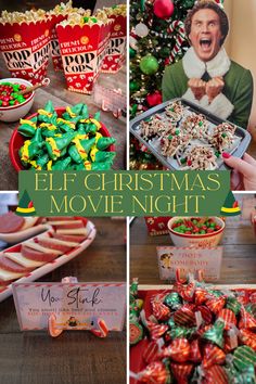 Christmas movie night party Elf Themed Breakfast, Elf Viewing Party, Buddy Elf Party Ideas, Elf Christmas Movie Night, Elf Family Movie Night, Elf Movie Night Free Printable, Elf Movie Charcuterie Board, Basement Christmas Party, Buddy The Elf Recipes