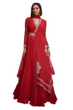 Buy Red Anarkali Georgette Embroidery Tilla Scallop Gulnar With Dupatta For Women by Isha Gupta Tayal Online at Aza Fashions. Anarkali Georgette, Isha Gupta, Western Dresses For Girl, Red Anarkali, Diwali Dresses, Diwali Outfits, Indian Outfits Lehenga, Anarkali Dress Pattern, Embroidered Anarkali