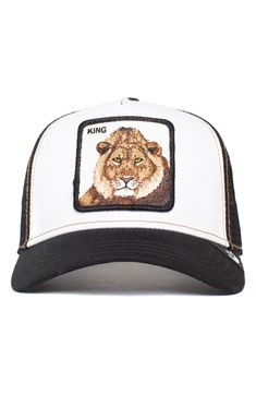 An embroidered patch fronts a classic trucker hat constructed with mesh paneling at the sides and back. Adjustable snapback strap 57% polyester, 43% cotton Spot clean Imported Lion Hat, King Hat, King Lion, Long Sleeve Swimwear, Goorin Bros, Kids Beanies, Mens Gloves, Royal Fashion, Embroidered Patch