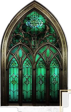 an ornate stained glass window with gold trim and green staining on the windowsill