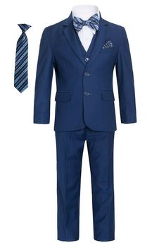 Style # ST-8 100% Brand New Suit for Boys of All Ages! All garments are brand new factory packed  and come with hanger and cover poly bag.  7 Piece Suit Set With Clip Tie Included in this Listing: Suit Jacket White Shirt Vest Clip back, satin tie Bowtie  Pocket square Dress Pants  Features: ROYAL BLUE Single Breasted Jacket 2 Buttons (20% Wool / 48% Polyester / 32% Viscose) With Poly Bag Cover.  We Steam Iron & Trim Before Shipping Royal blue Jacket Buttoned Cuffs, 1 Chest Pocket, 2 Flap Pockets Blue Business Sets With Pockets, Blue Business Set With Pockets, Fitted Cotton Suit With Button Closure, Fitted Cotton Suits With Button Closure, Fitted Cotton Suits, Blue Single Button Office Sets, Classic Blue Sets With Pockets, Classic Blue Single Breasted Set, Classic Blue Single-breasted Set