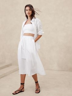 Poplin Pleated Midi Skirt | Banana Republic Factory White Midi Skirt Outfit, White Linen Skirt, Ss 2024, Glamorous Fashion, Midi Skirt Outfit, White Midi Skirt, Style Edit, Classy Casual, Banana Republic Factory