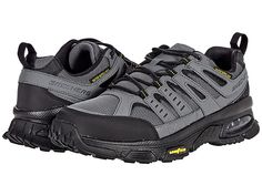 SKECHERS Skech Air Envoy - Men's Shoes : Gray/Black : The SKECHERS® Skech Air Envoy will allow you to walk and hike in surefooted comfort and athletic style with this hiking Sneaker. Water-repellent. Pull tab on back. Lace up vamp. Air-Cooled Memory Foam® cushioned comfort insole. Skech-Air® visible air-cushioned midsole. Goodyear® Performance Outsole delivers enhanced traction, stability and durability. Upper made from leather and synthetic material. Lining and insole made out of textile materi Mens Skechers, Hiking Sneakers, Athletic Style, Athletic Fashion, Pull Tab, Repellent, Water Repellent, Making Out, Hiking Boots