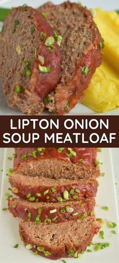 sliced meatloaf on a white plate with green onions