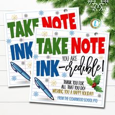 two christmas note cards with the words take note, ink and be - able on them