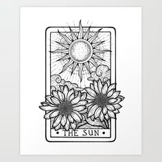 the sun tarot card with flowers in black and white on a white background art print